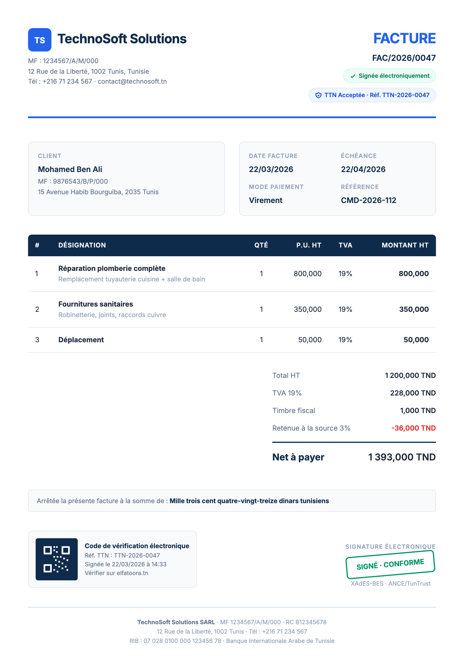 Facture El-Facture signée conforme TTN